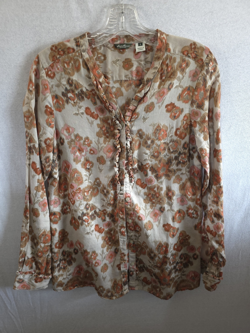 Eddie Bauer Beige Floral Ruffle-Trim Button Blouse with Coral Accents